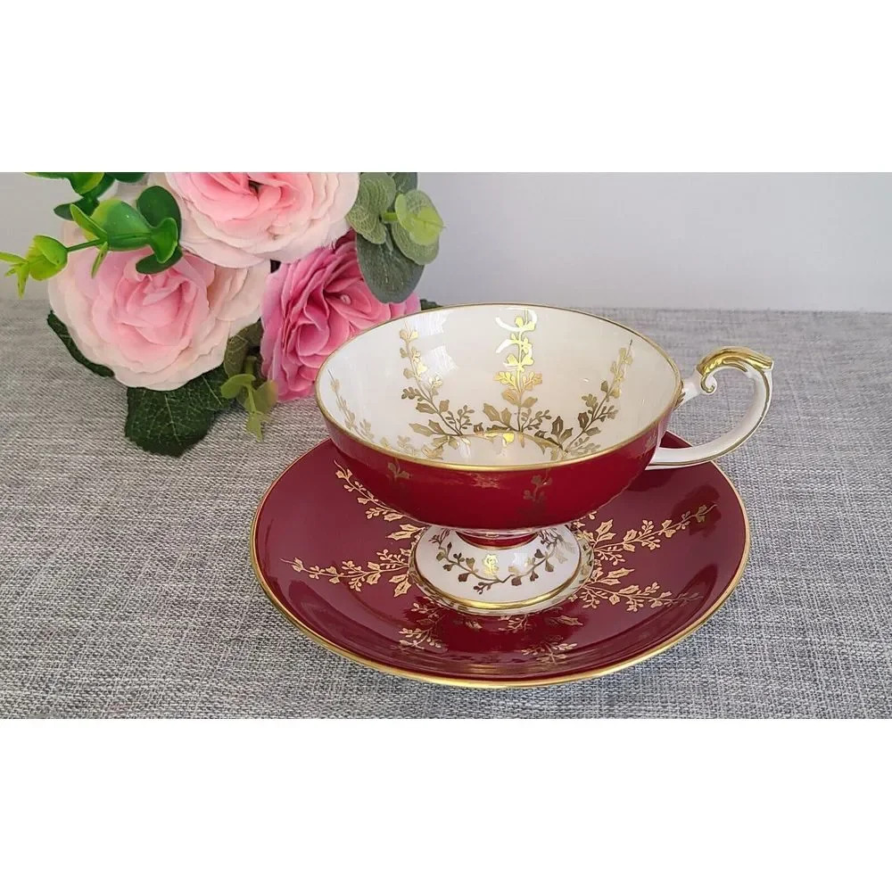 Vintage Stunning Aynsley Burgundy and Gold Teacup and Saucer, Made In England